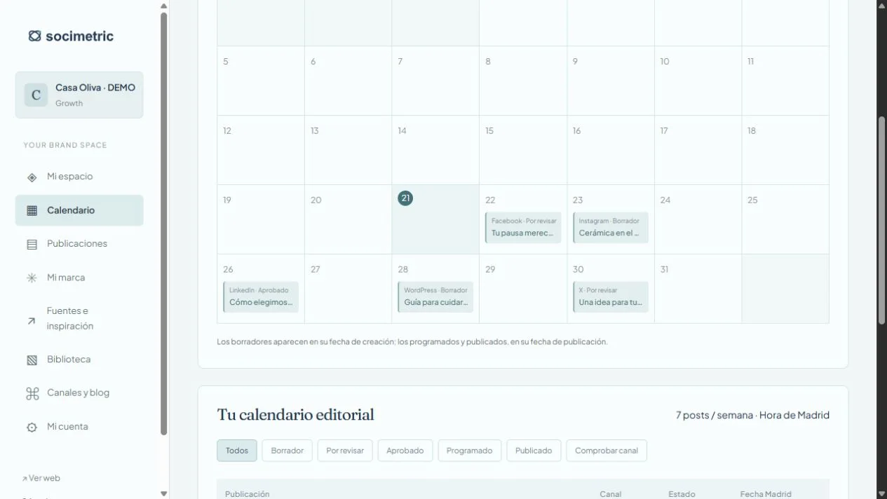 Tu calendario, de un vistazo · Interfaz real de Socimetric con datos ficticios