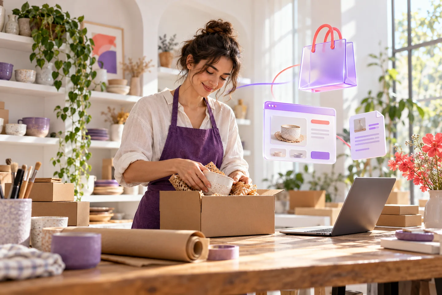 Business preparing orders with storefront and website icons