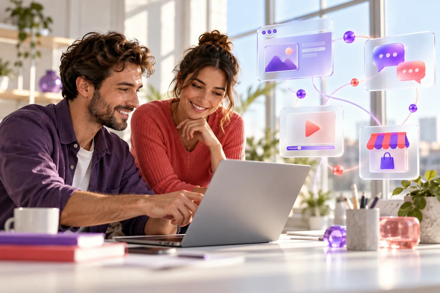 Professionals coordinating channels with integrated connection icons