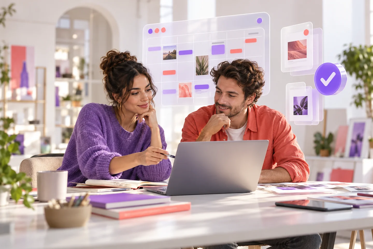 Equipo planificando contenidos con iconos de calendario y aprobación
