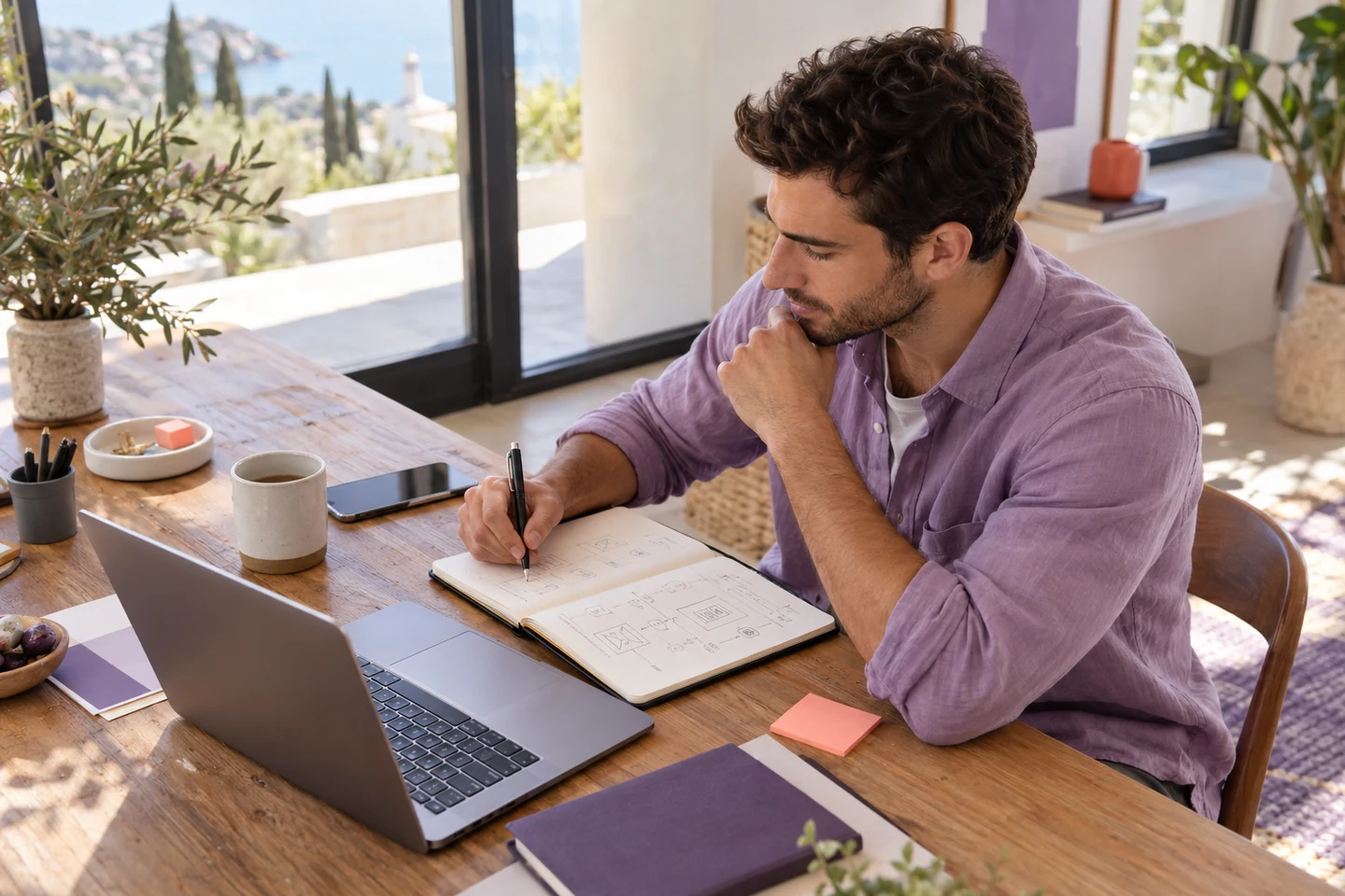 Profesional preparando contenidos en su escritorio, visto desde una perspectiva elevada y lateral